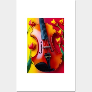 Yellow And Red Tulips And Baroque Five String Violin Posters and Art